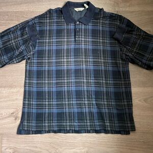 Eddie Bauer Navy and Green Plaid Polo Shirt Long Sleeve, Size XL